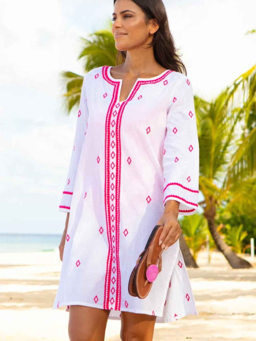 Aspiga Guadalupe Embroidered Organic Cotton Short Tunic Large Pink/White